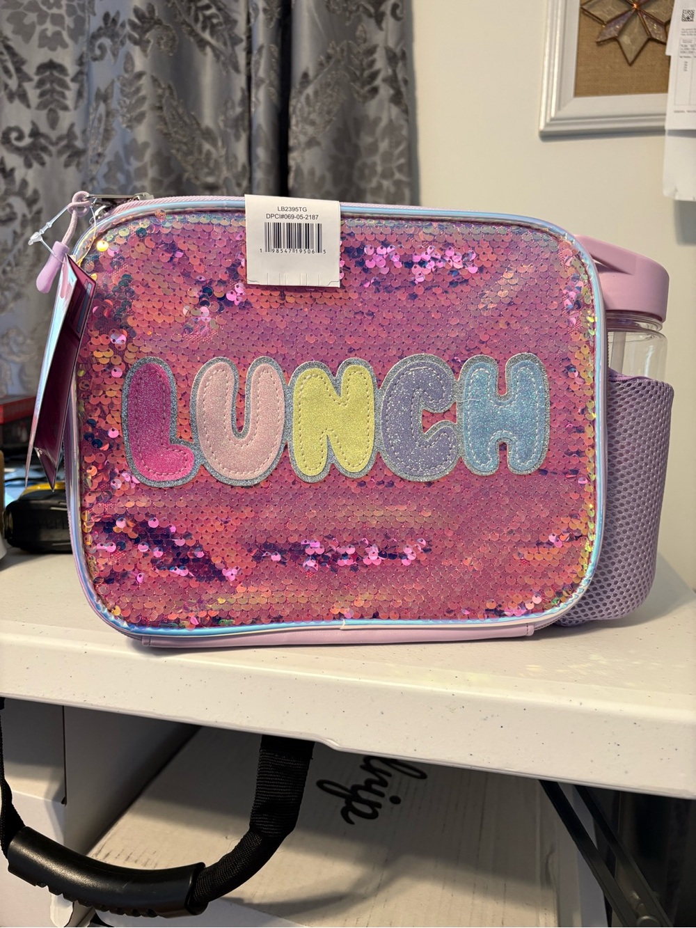 Sequin Pink "LUNCH" Kids Lunch Bag with Bottle Holder